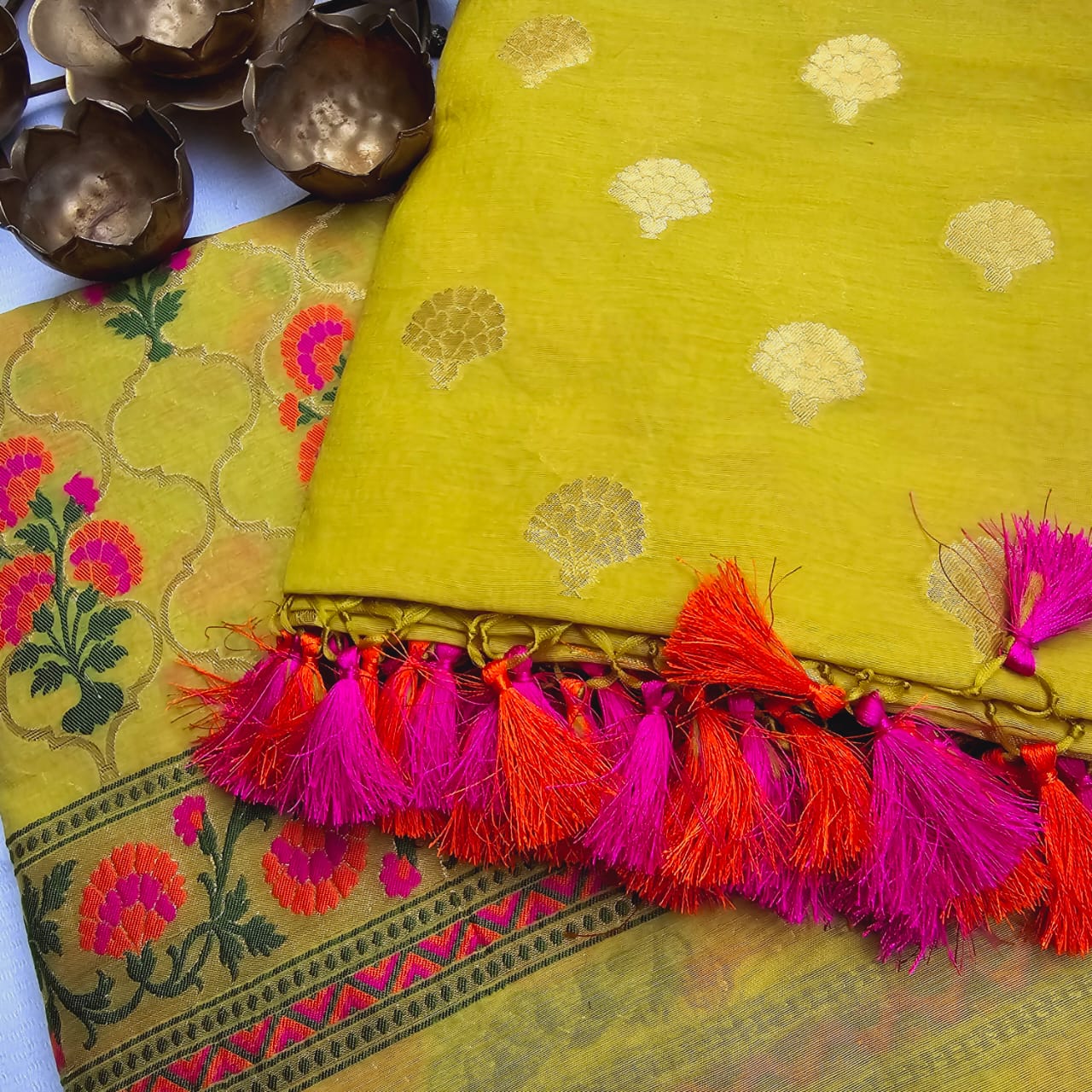 Yellow Full Jaal Meenakari weaving chanderi cotton 3 pieces set.