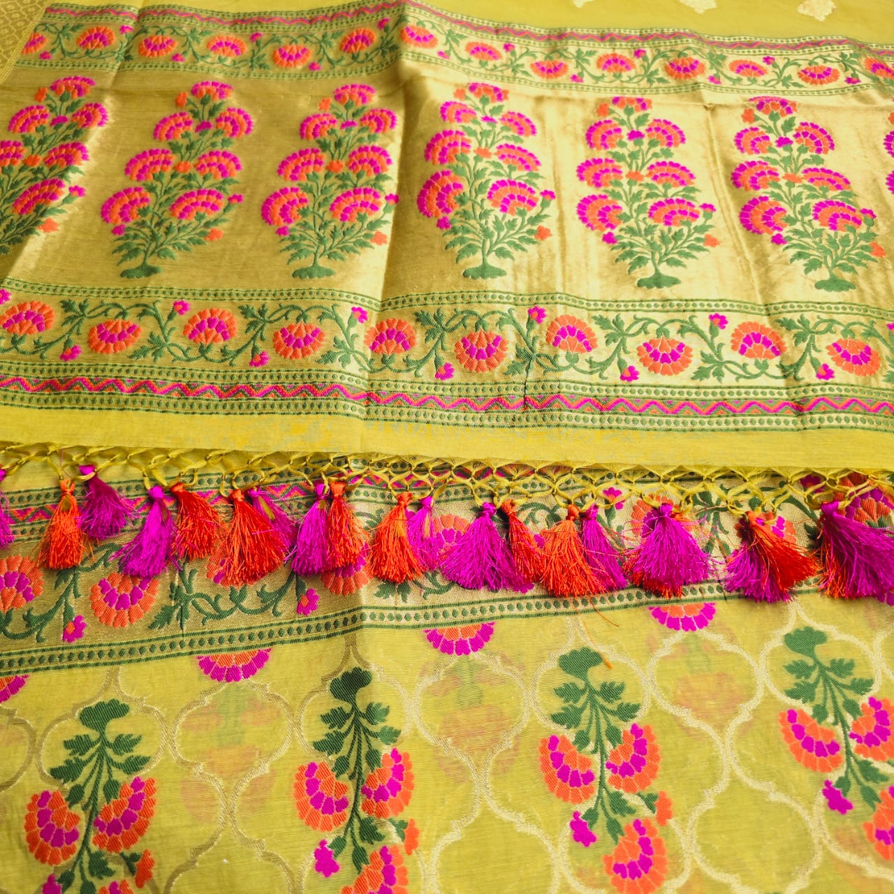 Yellow Full Jaal Meenakari weaving chanderi cotton 3 pieces set.