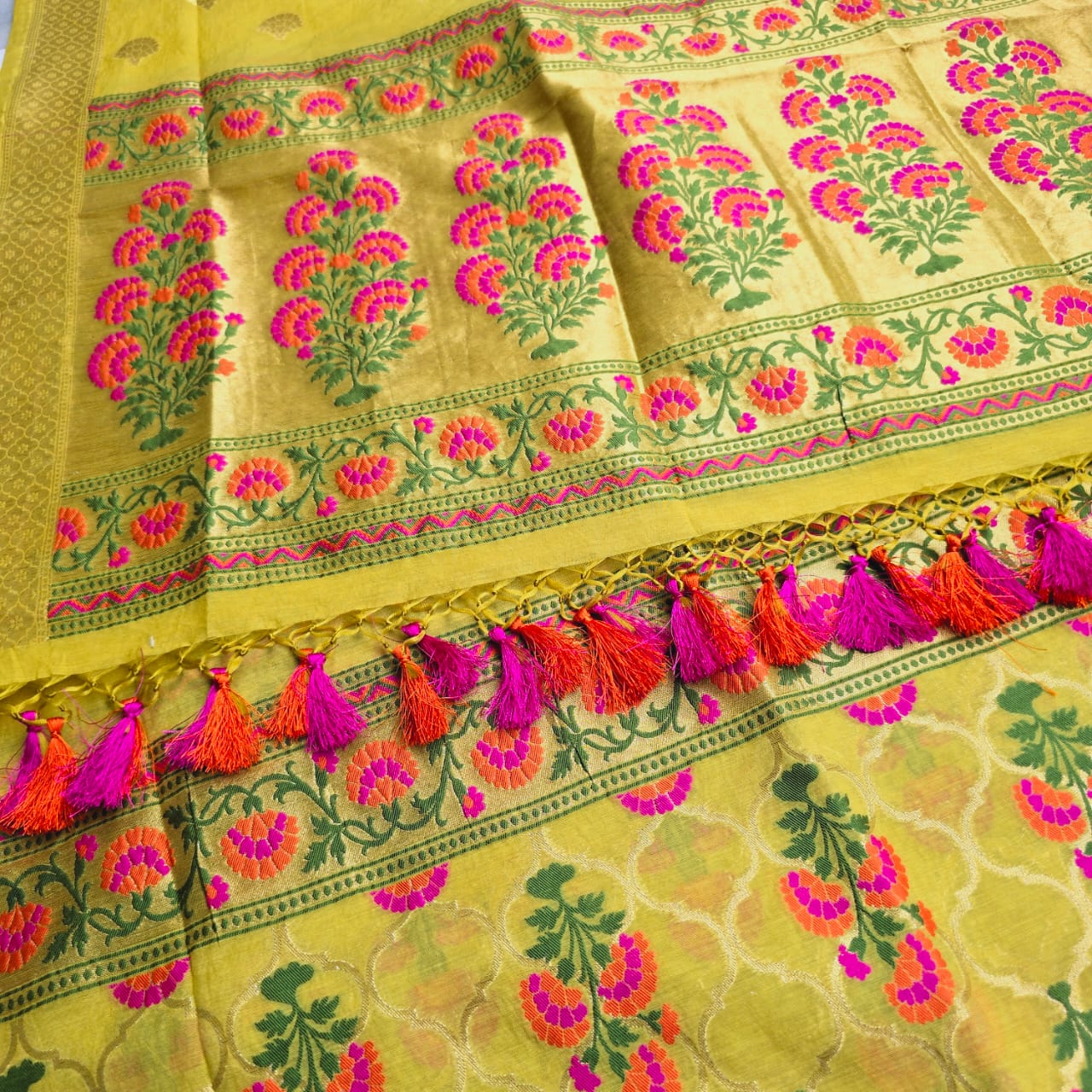 Yellow Full Jaal Meenakari weaving chanderi cotton 3 pieces set.