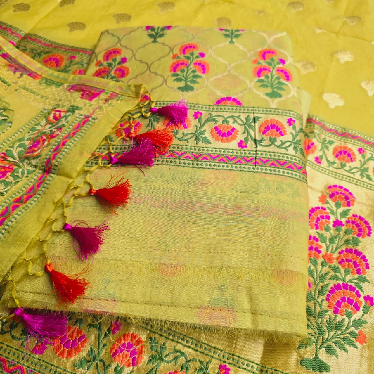 Yellow Full Jaal Meenakari weaving chanderi cotton 3 pieces set.