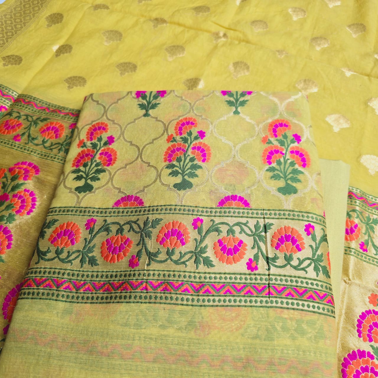 Yellow Full Jaal Meenakari weaving chanderi cotton 3 pieces set.