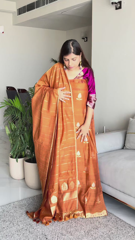 Rust handloom  silk Kadhwa suit set
