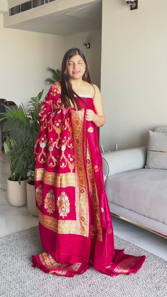 Red raw silk suit set with Khaddi georgette dupatta