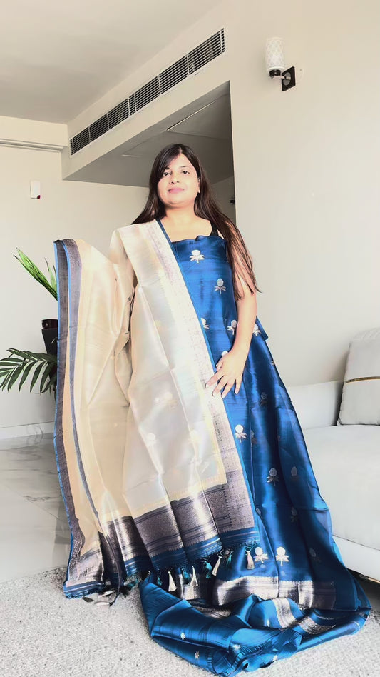 Blue kora silk suit with shaded dupatta