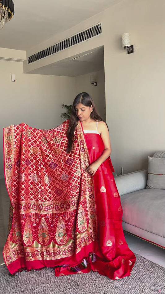 Red raw silk suit with Khaddi georgette bandhani dupatta