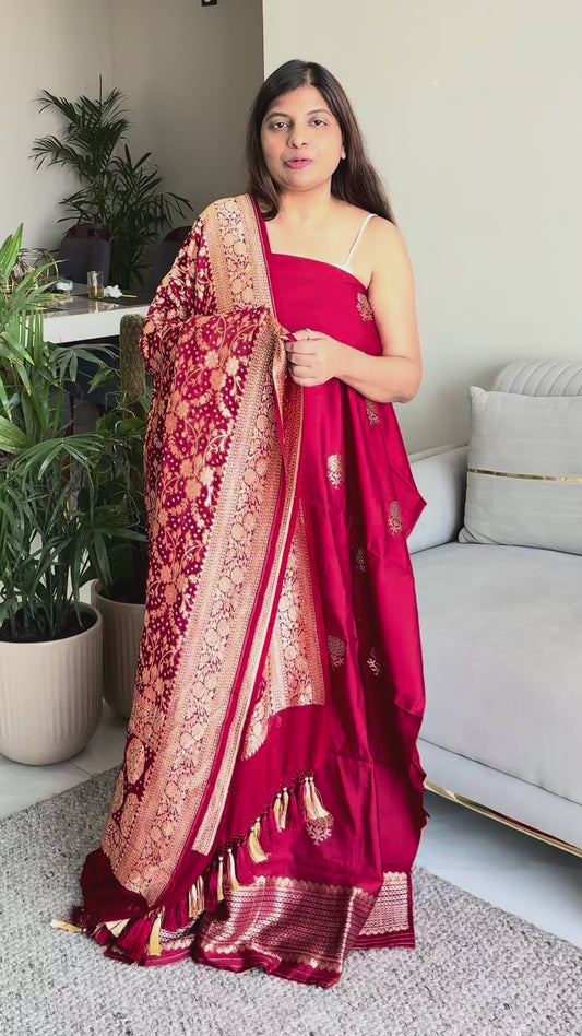 Red chiniya silk suit set with bandhani dupatta
