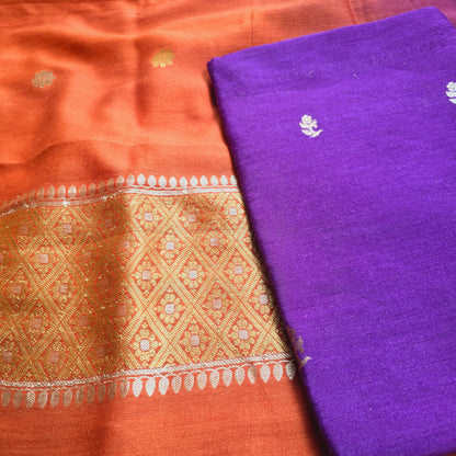 Purple monga silk kurta, orange Shaded dupatta, plain moonga bottom