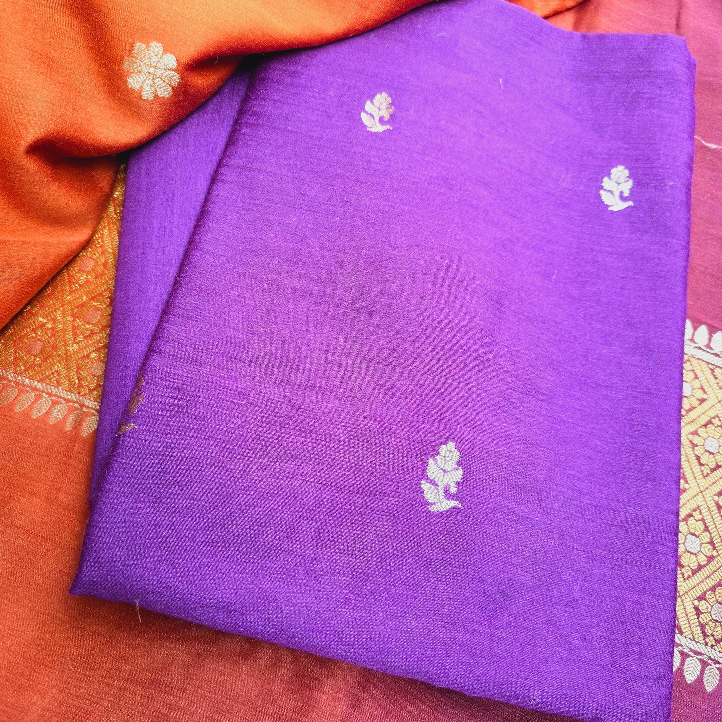 Purple monga silk kurta, orange Shaded dupatta, plain moonga bottom