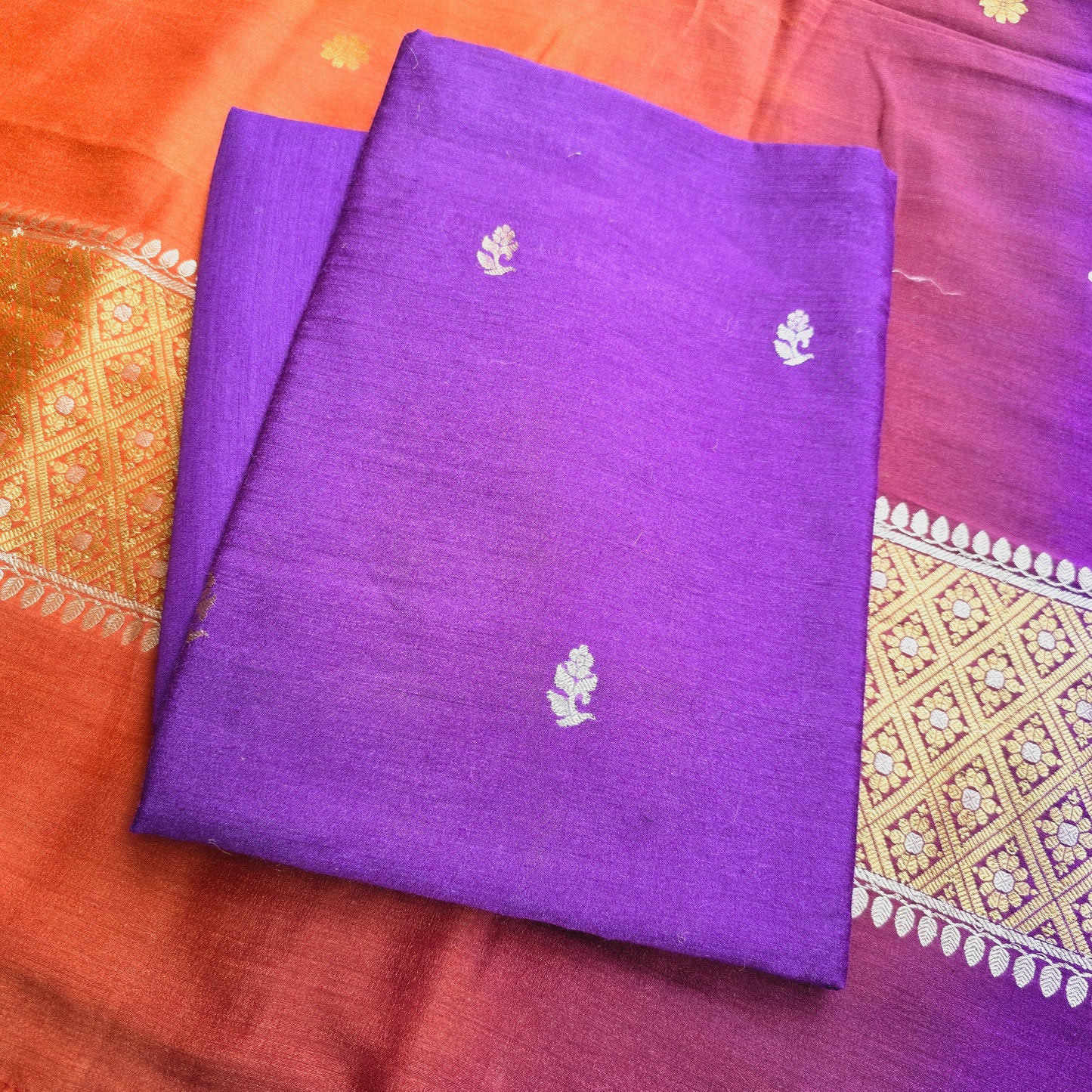 Purple monga silk kurta, orange Shaded dupatta, plain moonga bottom