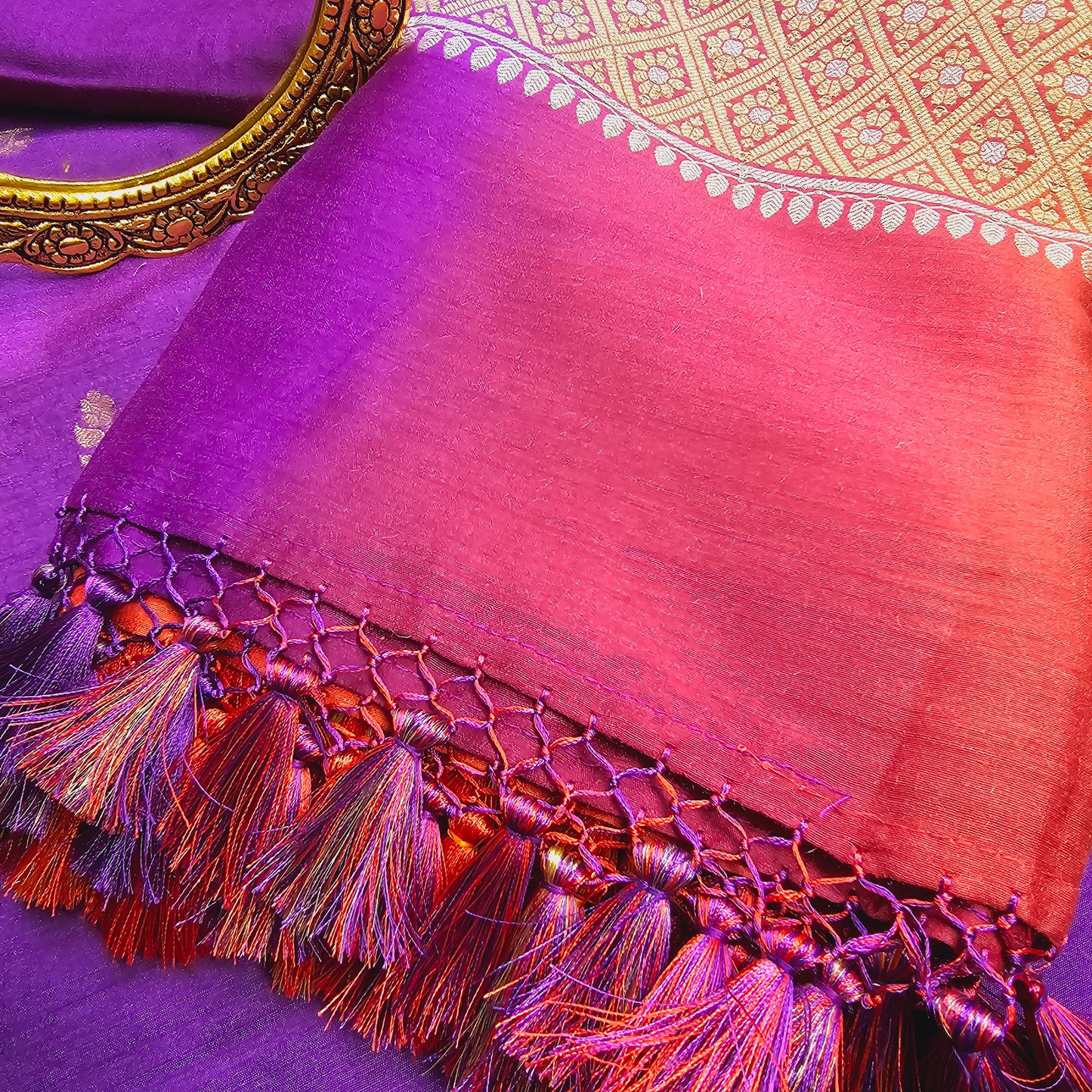 Purple monga silk kurta, orange Shaded dupatta, plain moonga bottom