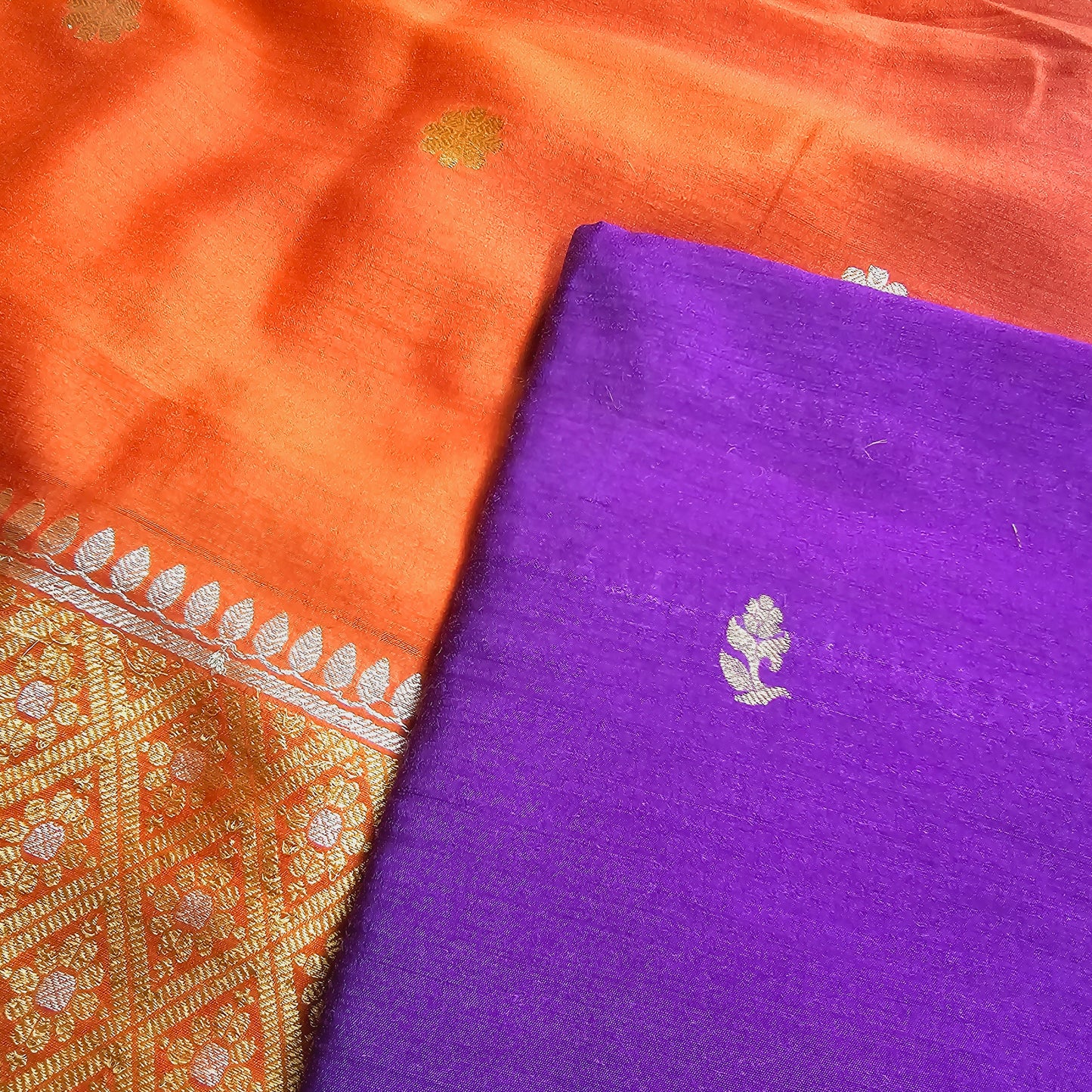 Purple monga silk kurta, orange Shaded dupatta, plain moonga bottom