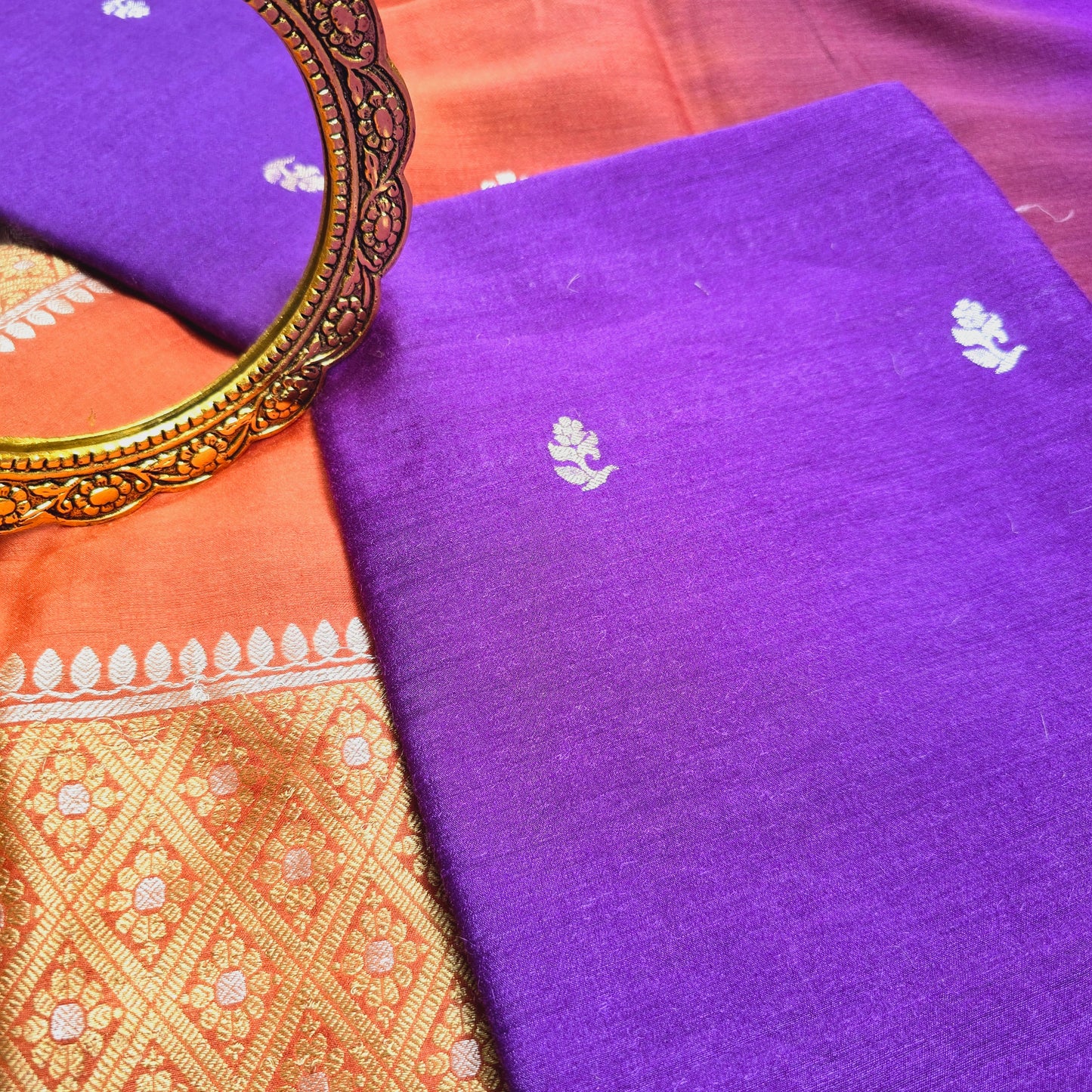 Purple monga silk kurta, orange Shaded dupatta, plain moonga bottom